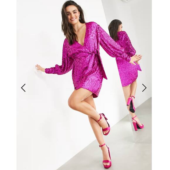 ASOS Edition Sequin Mini Wrap Dress Pink Women’s Size 12 - Picture 11 of 12